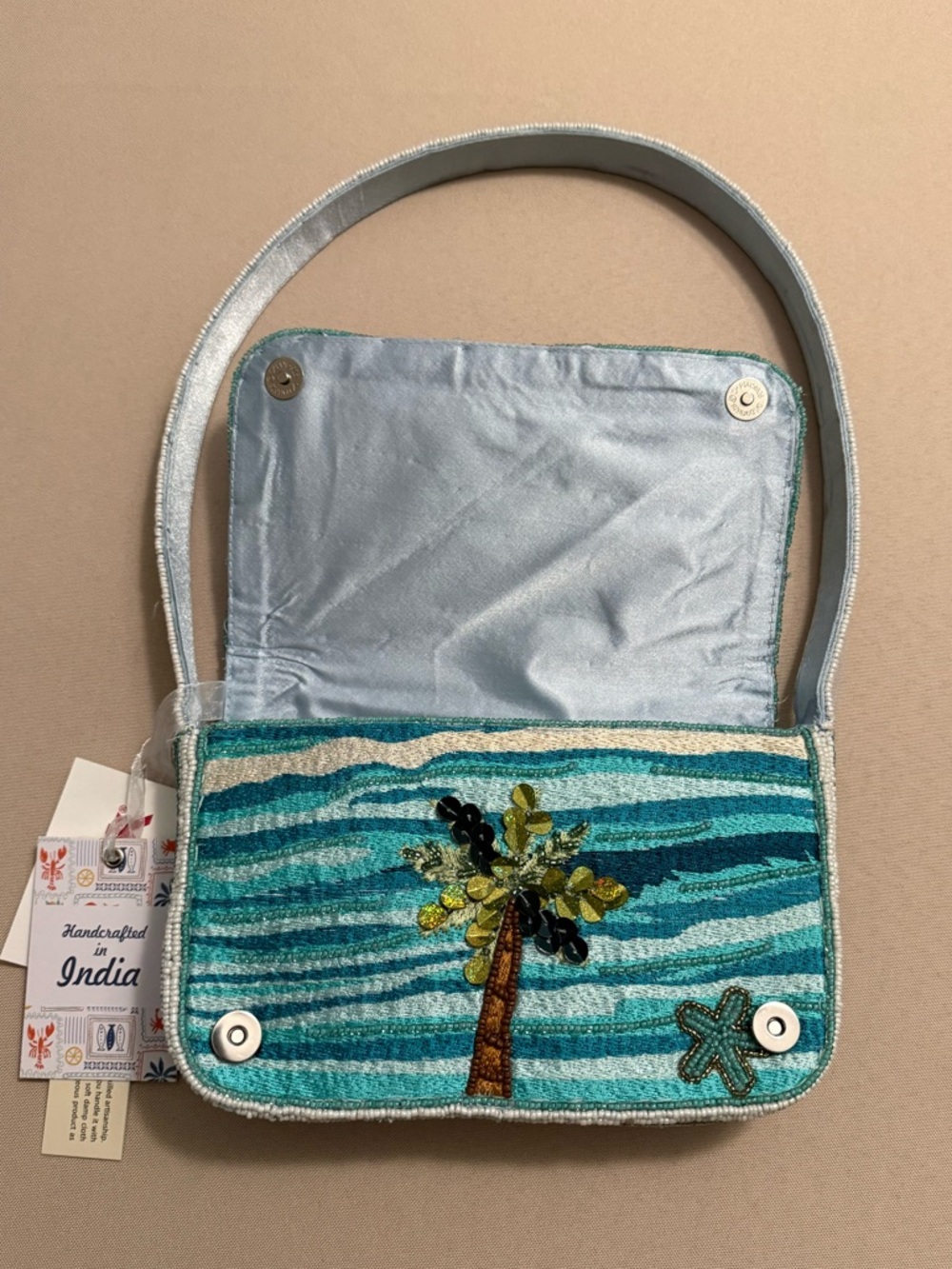 India Beaded Bag Turquoise Ocean Beach Surf Boards & Palm Tree - Picture 6 of 9